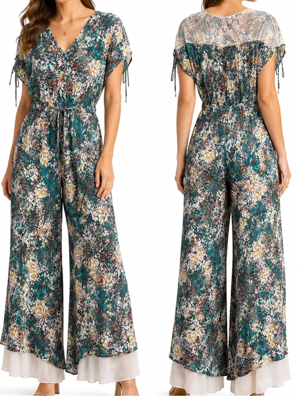 Anthropologie Elevenses Zula Lace Jumpsuit Romper Floral Boho Wide Leg Pants S